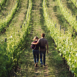 couple walking down vineyard with arms around each other's shoulders